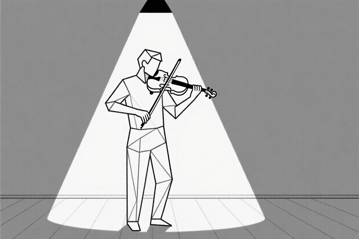 A violinist performing solo beneath a spotlight