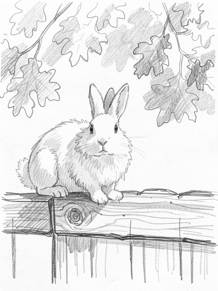 A fluffy white rabbit perched on an old wooden fence, under the dappled shade of oak trees.
