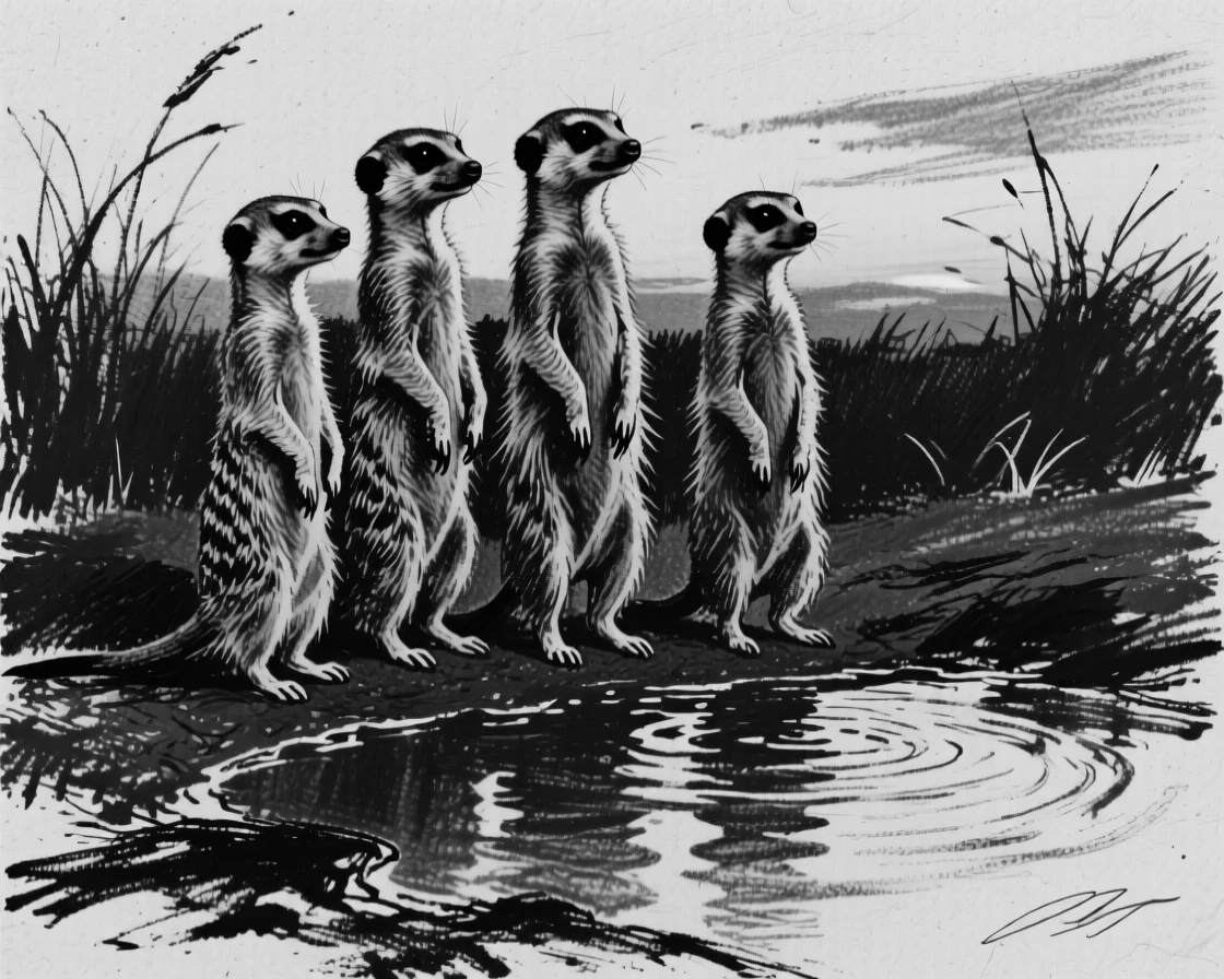 A meerkat family standing alert gathered around a watering hole at dusk.