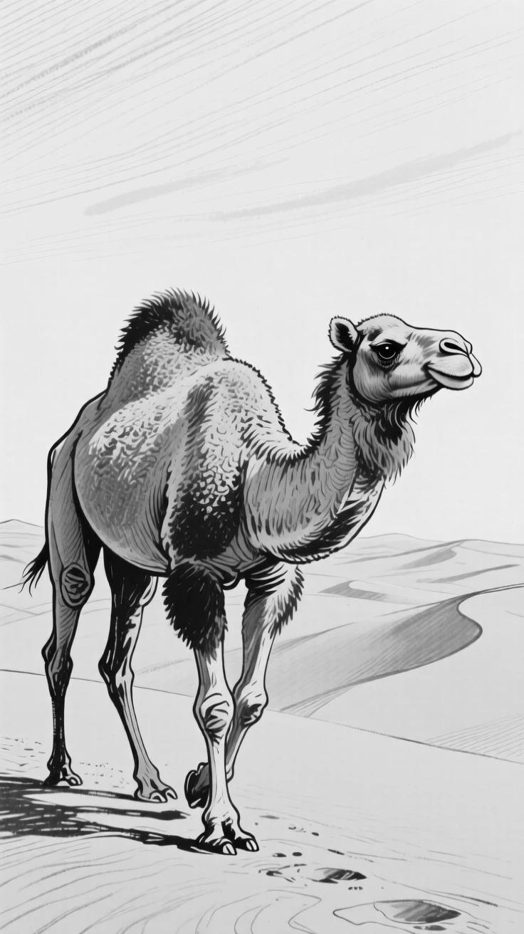 A camel walking across golden desert dunes beneath a wide sky.