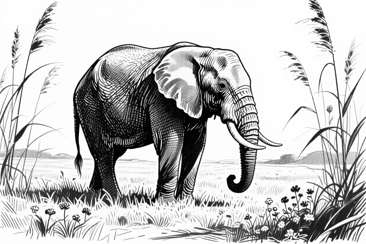 A gentle elephant in a sunlit meadow, framed by tall reeds, capturing a gentle and endearing moment in nature with a strong, centered focal point.