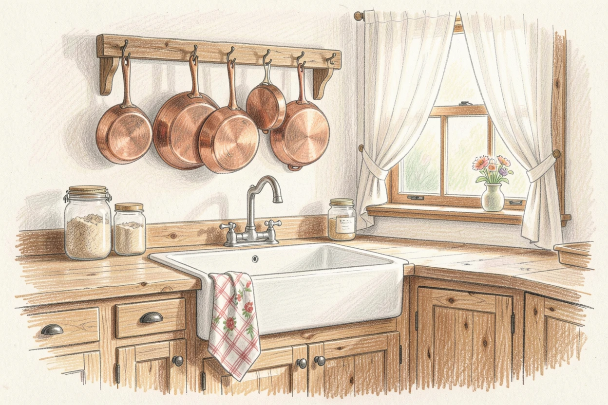 A small cottage kitchen with copper pots hanging above a farmhouse sink, with delicate details in the woodwork and fabric textures, capturing the simple joys of home and hearth.