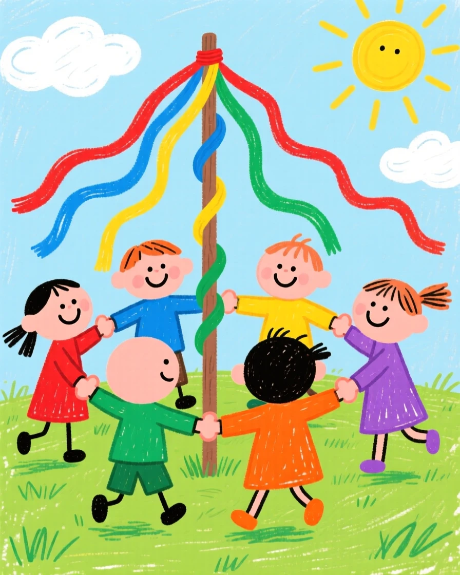 Children holding hands in a circle around a maypole.