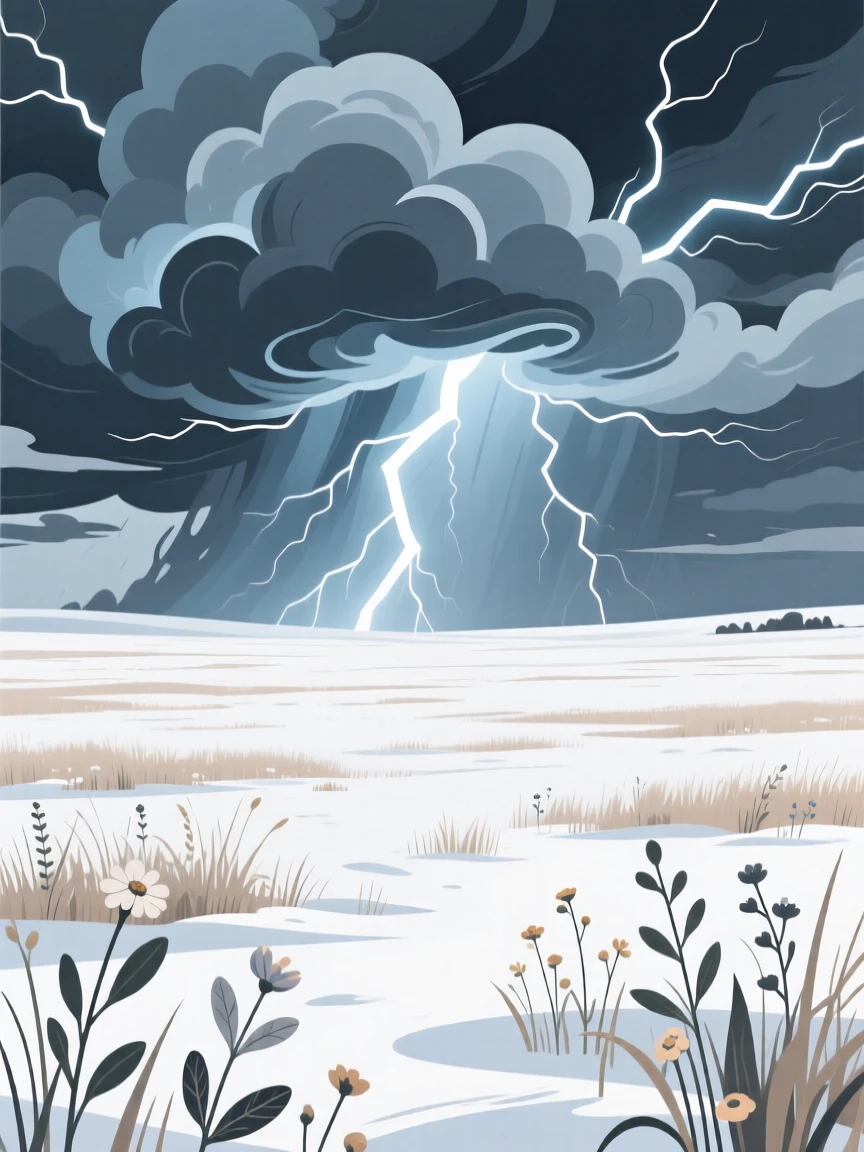 A dramatic thunderstorm rolling over an open prairie, surrounded by a light dusting of fresh snow, captured from a low vantage point to emphasize scale, with delicate textures visible in every leaf and petal.