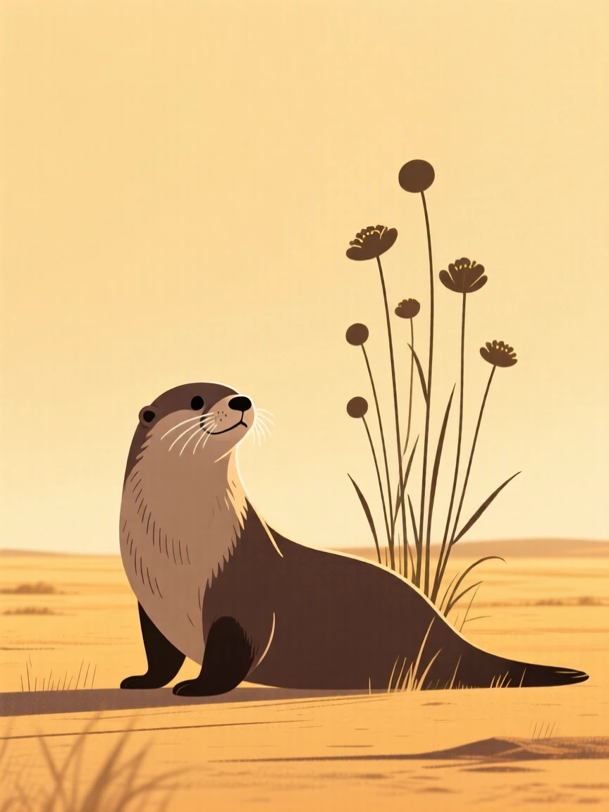 A sea otter watching alertly from a distance in a savanna at golden hour, near tall wildflowers, giving off a sense of calm contentment.