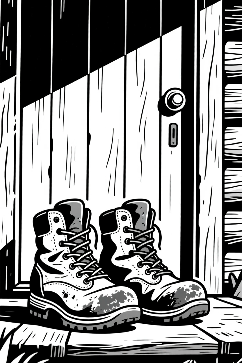 A pair of worn hiking boots by a cabin door.