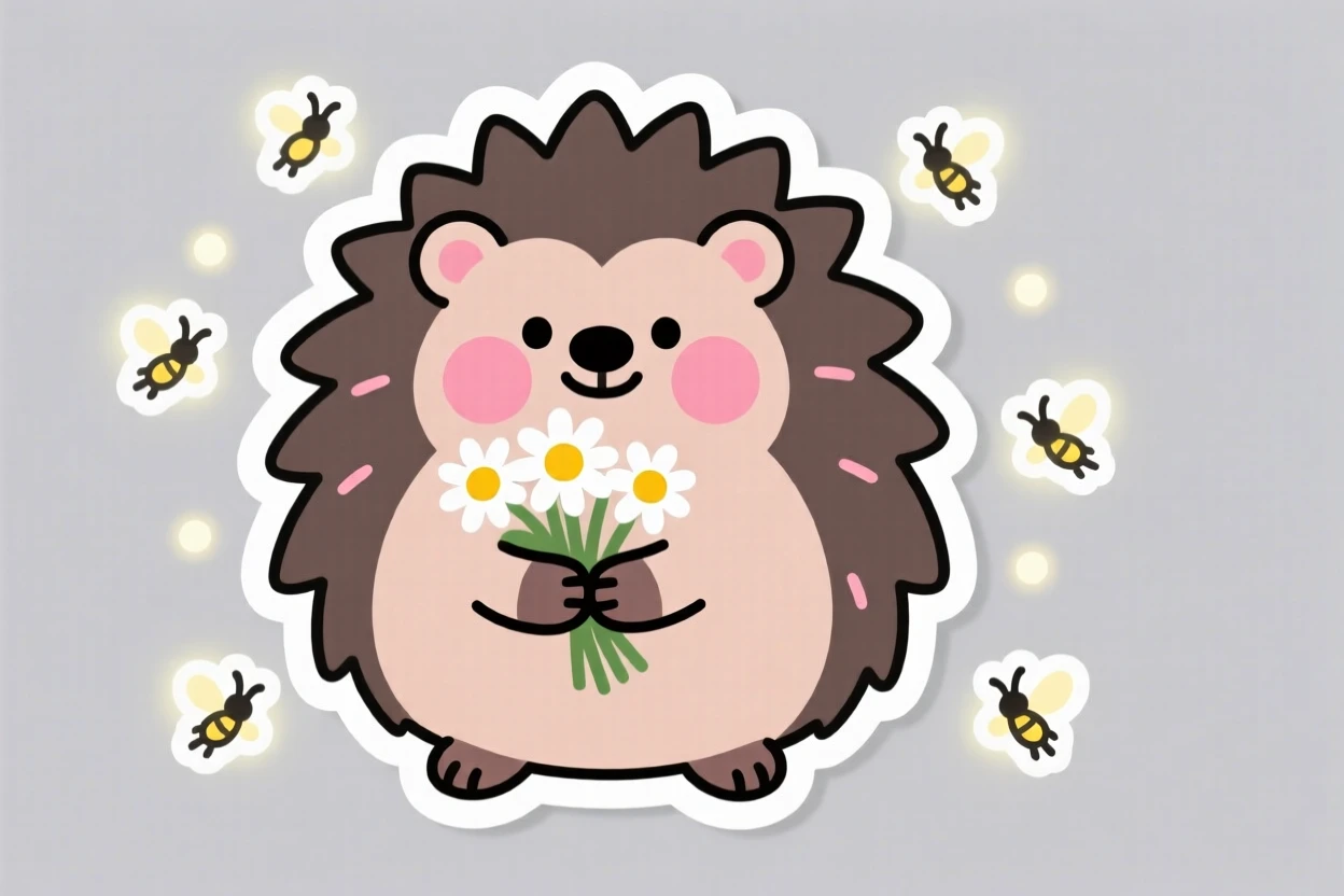 A rosy-cheeked chubby hedgehog holding a bouquet of daisies, surrounded by softly glowing fireflies.
