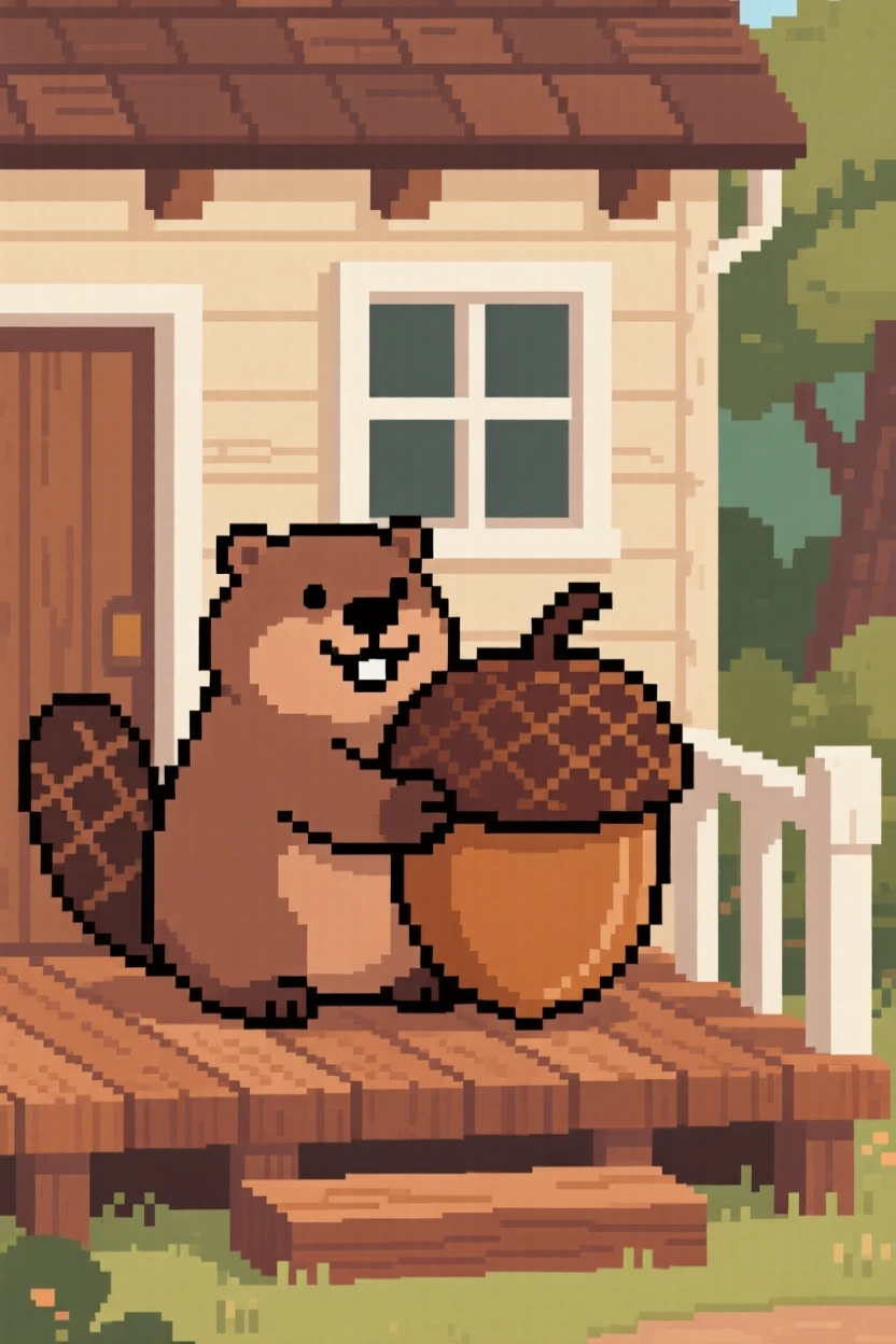A chubby beaver hugging a giant acorn, on the porch of a tiny cottage.