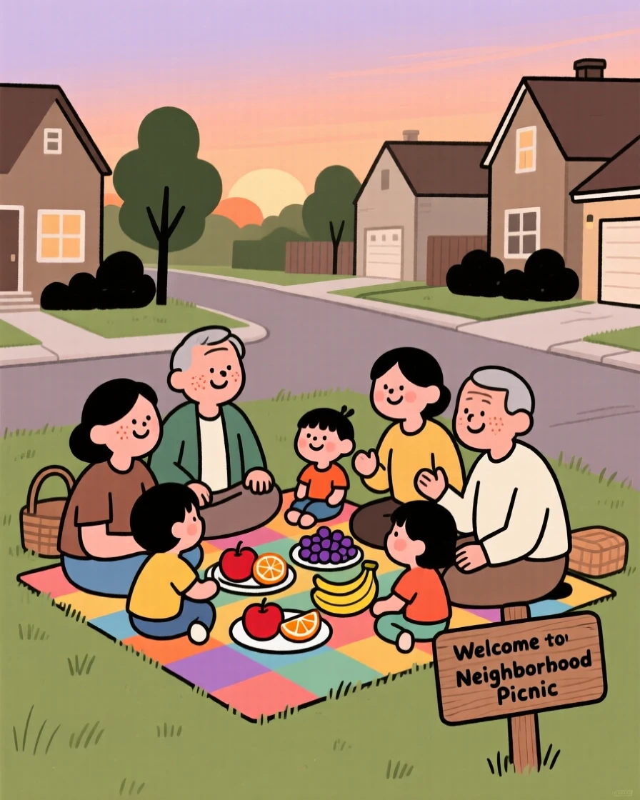 Neighbors gather for a neighborhood picnic in the quiet cul-de-sac, sharing platters of fruit and conversation as laughter fills the warm evening air.
