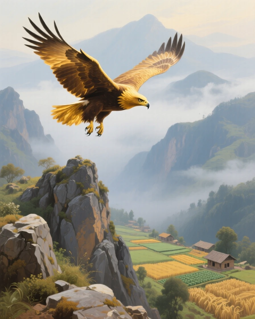 A panoramic view of a golden eagle soaring above a rugged mountain ridge, in an Indian hill station, during the summer harvest, in thick fog.