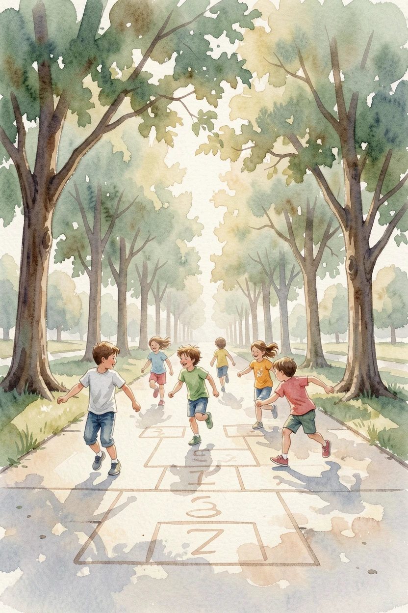 Children playing hopscotch on a sidewalk with a gentle breeze rustling nearby trees.