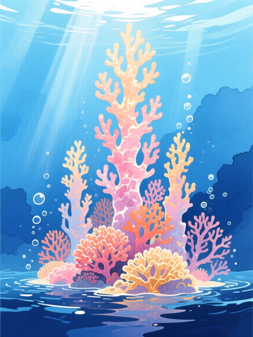 An underwater kingdom of coral towers glows beneath rays of sunlight filtering through the deep blue sea
