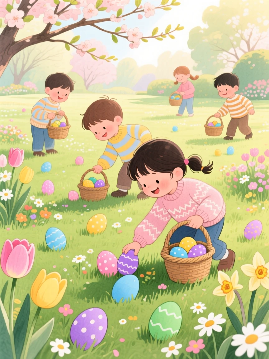Children hunting for Easter eggs in a blooming garden, in a springtime yard scattered with colorful eggs and flowers, with everyone dressed in their coziest sweaters, evoking the innocent joy of spring celebration.