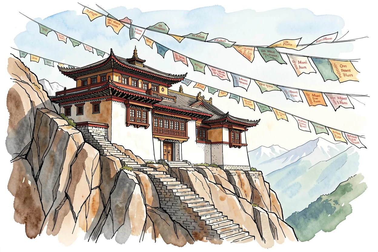A grand mountain monastery perched on a cliffside, prayer flags fluttering in the crisp alpine wind