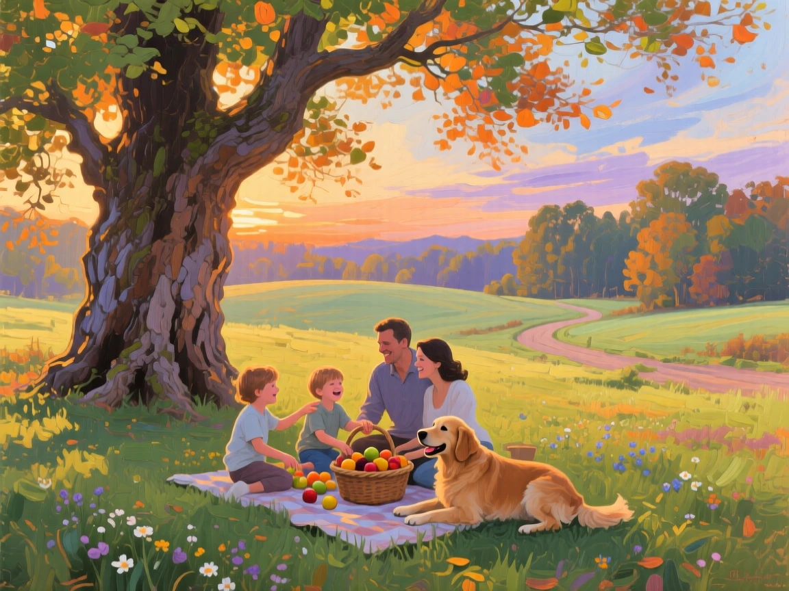 a family picnic beneath giant trees, at the end of a warm day, with a balanced, spacious view of the surroundings.