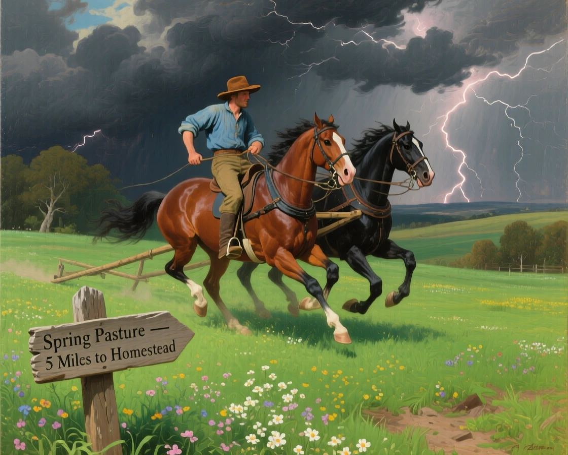 A farmer and his draft horses gallops along a spring pasture full of new grass as thunder rumbles in the distance.