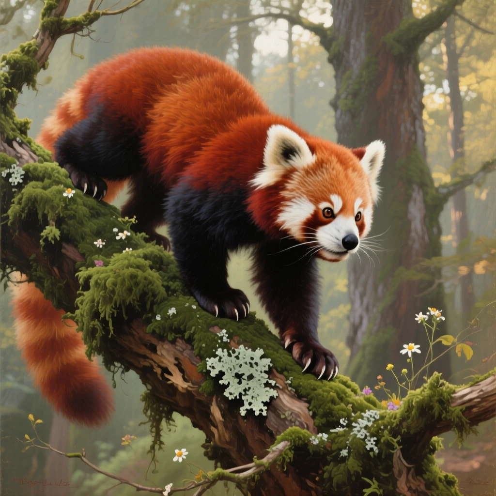 A red panda climbing carefully along a moss-covered branch, muscles tensed with powerful, controlled grace, capturing a rare and intimate glimpse into wild life