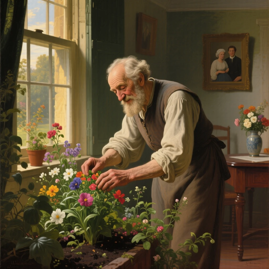 An elderly man tending a garden his late wife once planted as laughter and love fill an otherwise ordinary afternoon, set within a cozy home lit by late afternoon sun, with soft golden light catching genuine, unguarded smiles; warm, low light wraps the family in a comforting glow, capturing a fleeting moment worth holding onto forever.