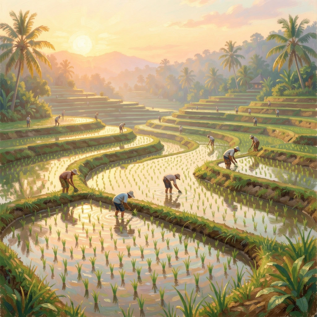 A traditional Balinese rice terrace at sunrise, farmers working among the flooded green fields.