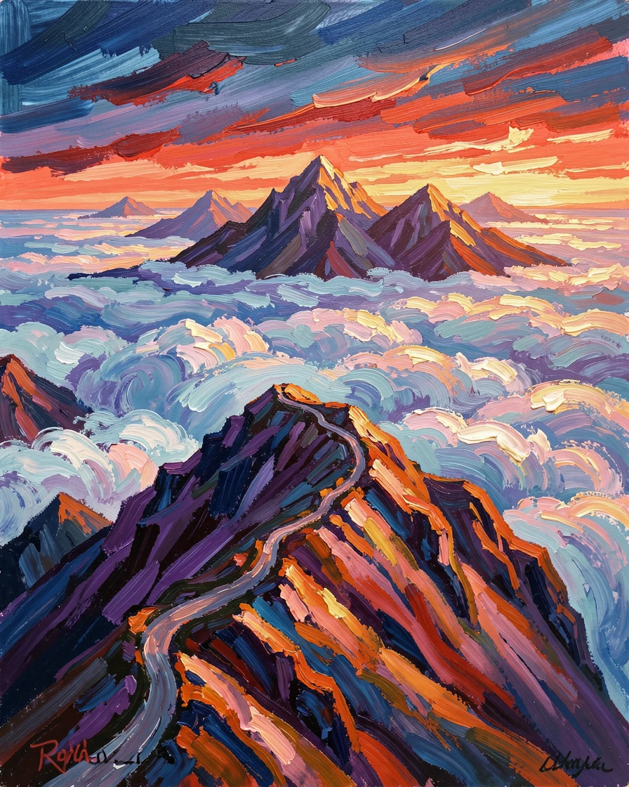 A mountain ridge trail above the clouds at sunrise, peaks emerging like islands.
