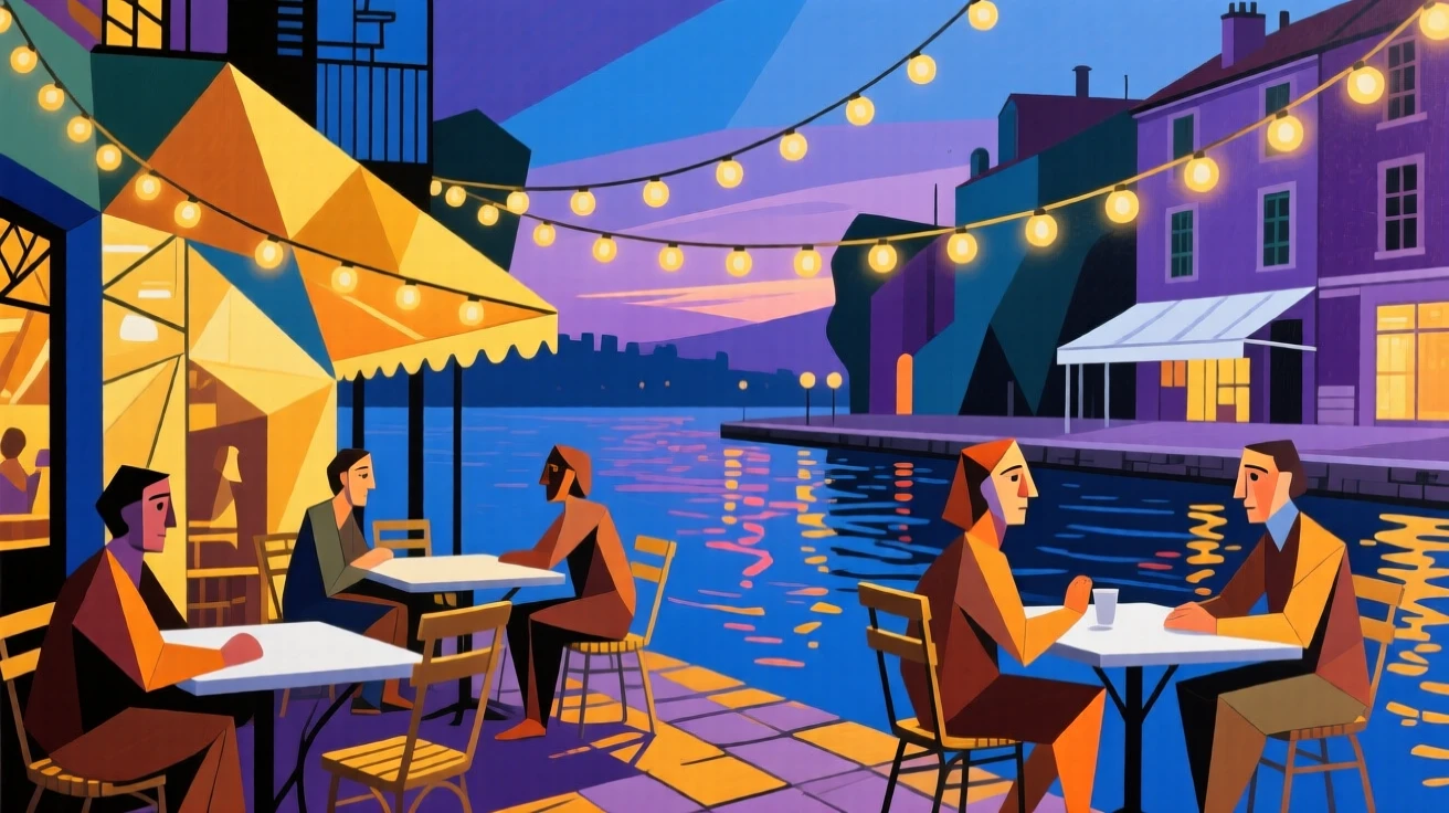 A vibrant scene of a quiet riverside café glowing with strings of warm lights.
