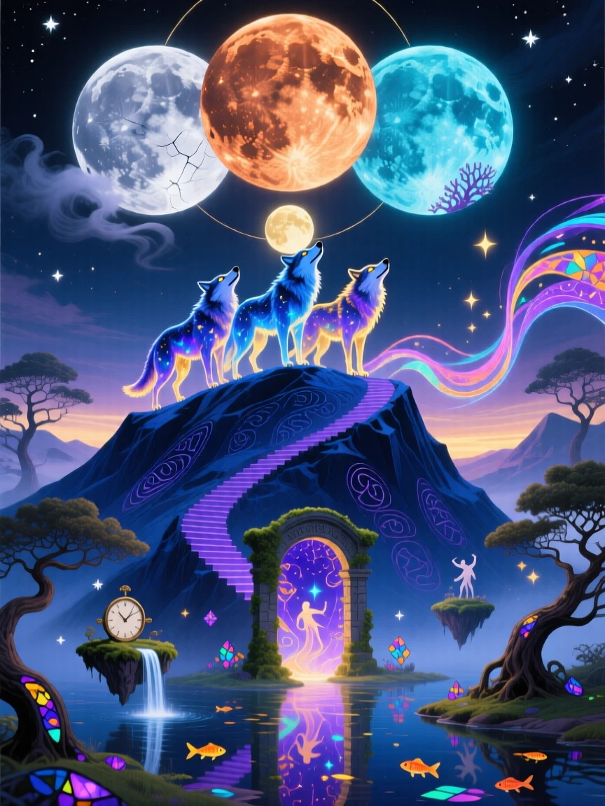 A wolf pack howling atop a hill beneath three overlapping moons rests peacefully beneath the glow of a rising moon, as the surrounding world holds still in quiet wonder.