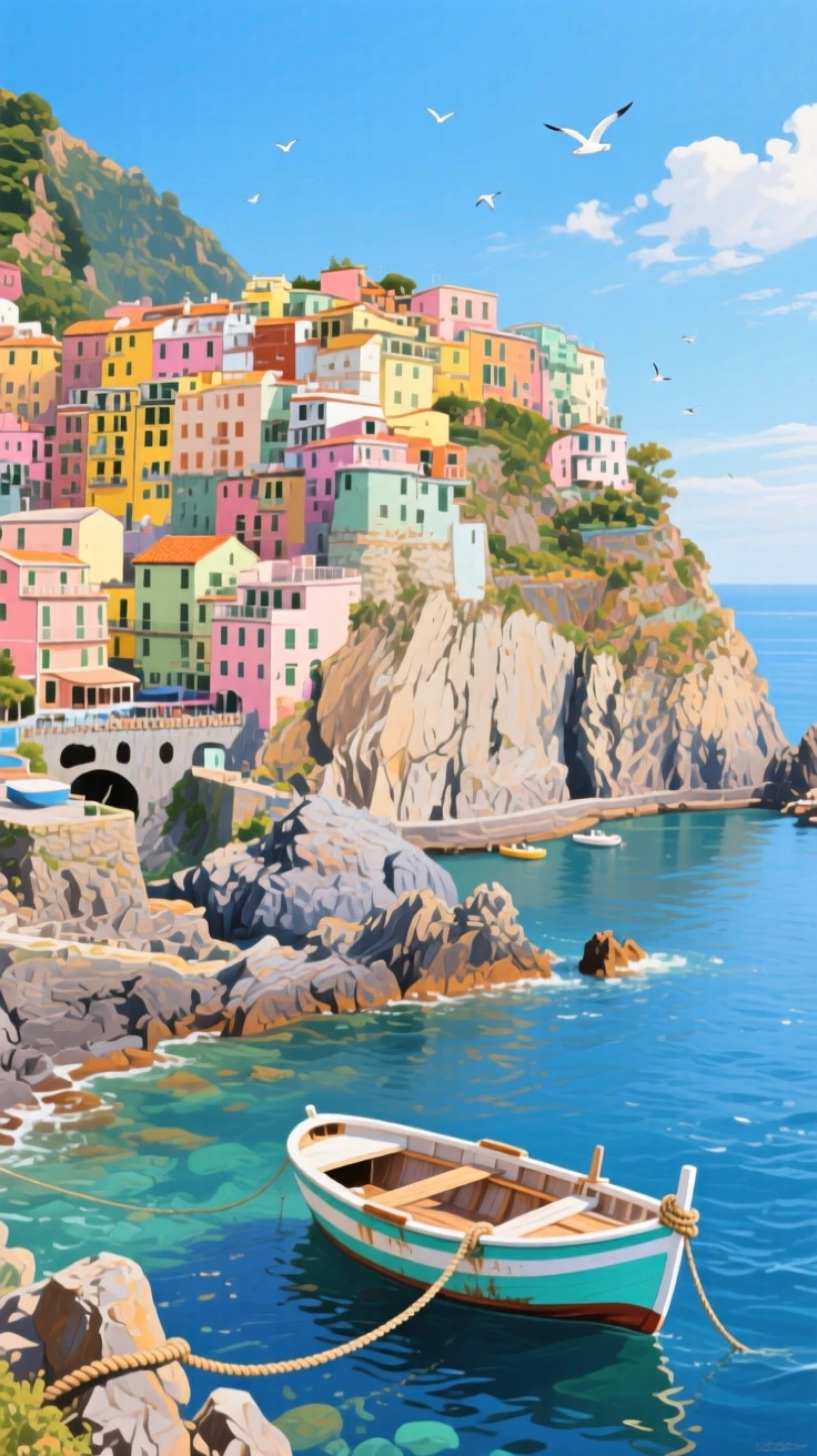 Dramatic sea cliffs on the Amalfi Coast drop into deep blue water, colorful pastel houses stacked along the hillside, a small fishing boat anchored in a hidden cove, with the crisp, still air carrying only the faintest sounds of distant birdsong.