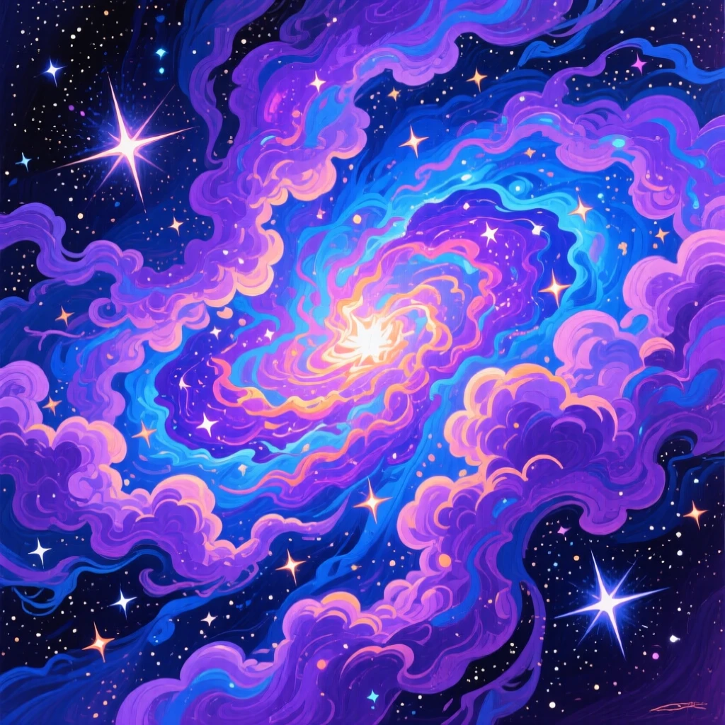 A cosmic nebula in swirling purples and blues, new stars igniting within its glowing clouds