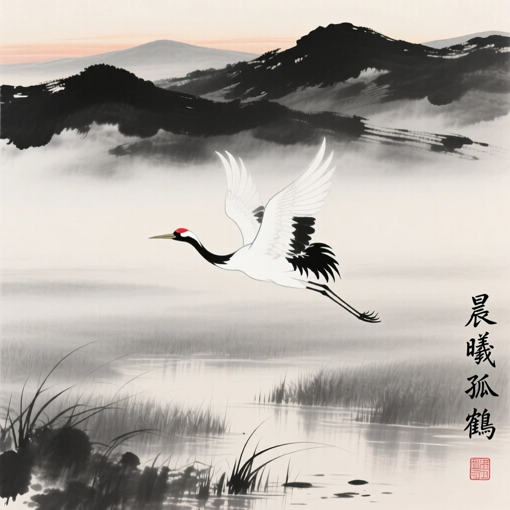 A single white crane takes flight above a misty marsh, as the sun rises over distant hills.