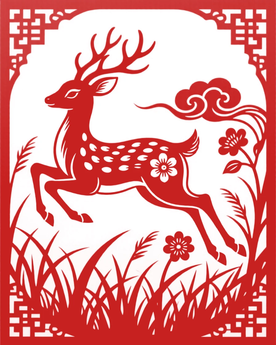 A spotted deer fawn, leaping through a field of tall grass, symbolizing peace and good fortune.