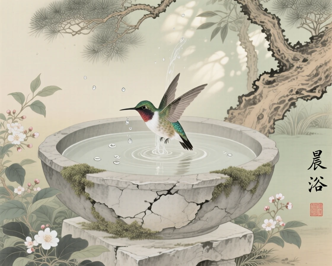 A hummingbird bathing in a stone garden basin, soft morning light filtering through the branches