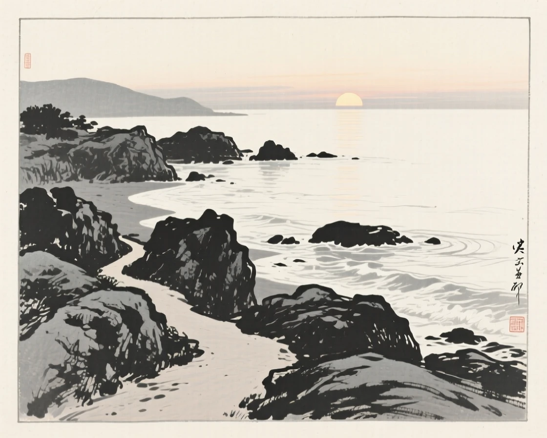 A rocky shoreline swept by gentle incoming tide in the stillness just before sunrise, captured from a narrow path winding into the depth of the scene, evoking a deep sense of solitude and quiet grandeur.