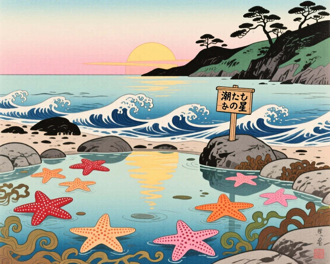 A tide pool teeming with starfish reflected in glassy calm water, at sunrise.