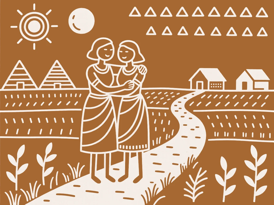 A mother comforting one another after a hard day along a path leading to the fields.