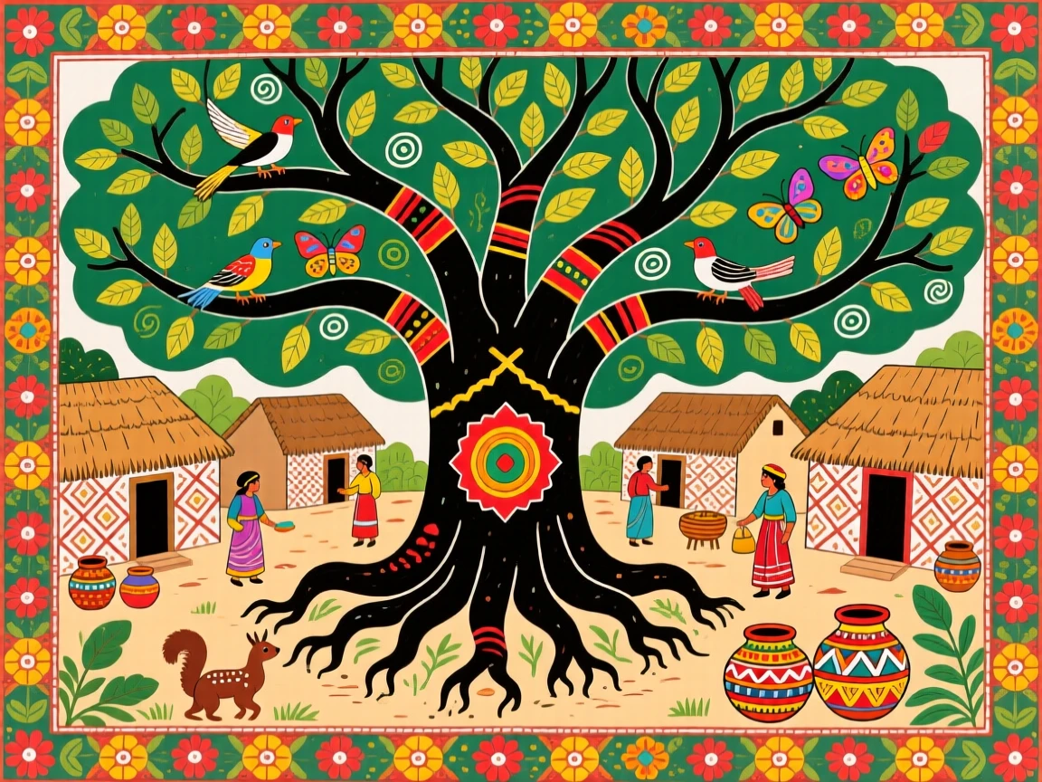 A banyan tree with sprawling roots shading an entire village square.