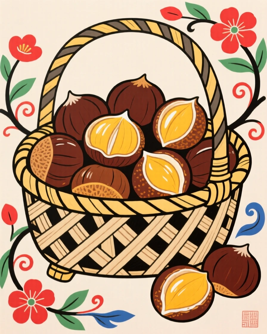 A basket of ripe chestnuts in a woven bamboo basket.
