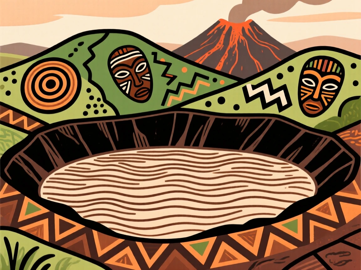 A volcanic crater lake ringed by green hills.