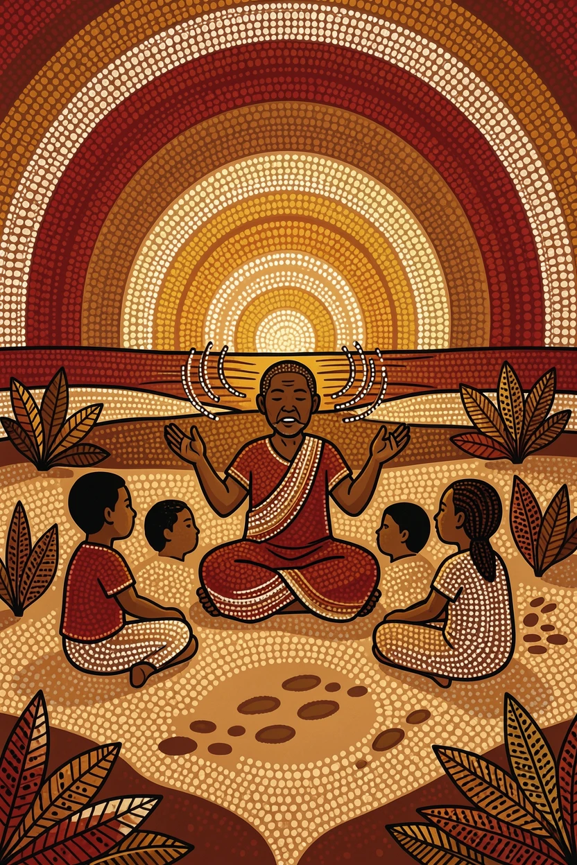 Children learning traditional songs from an elder at sunrise
