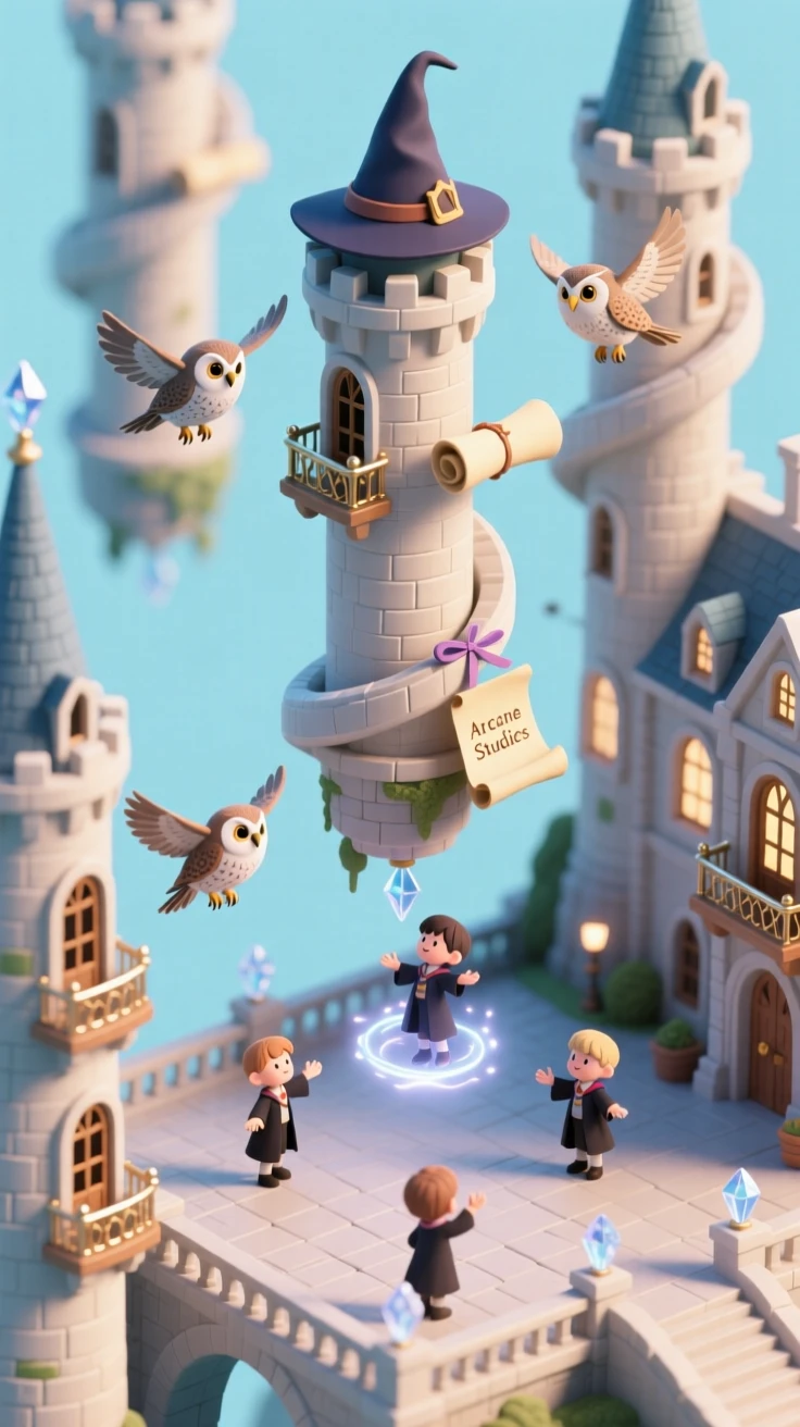 A wizard's floating academy town with towers spiraling upward, owls delivering scrolls between windows, and a courtyard where students practice levitation spells.