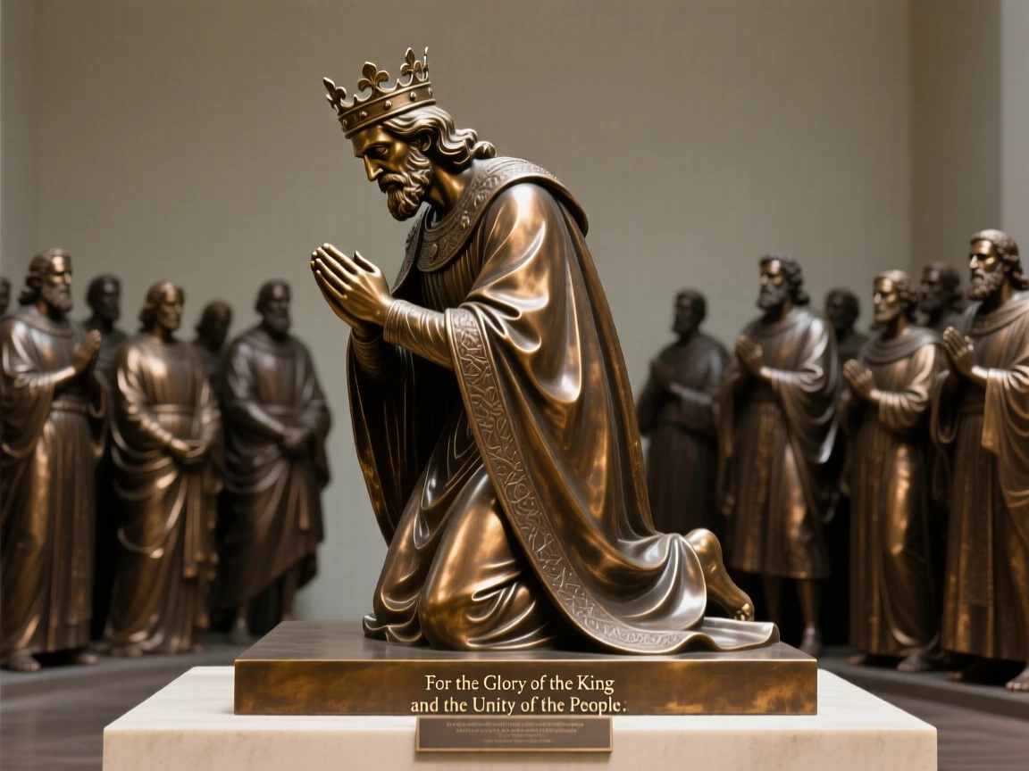 A king kneeling before his people, with fine, expressive facial detail, forming a strong central focal point