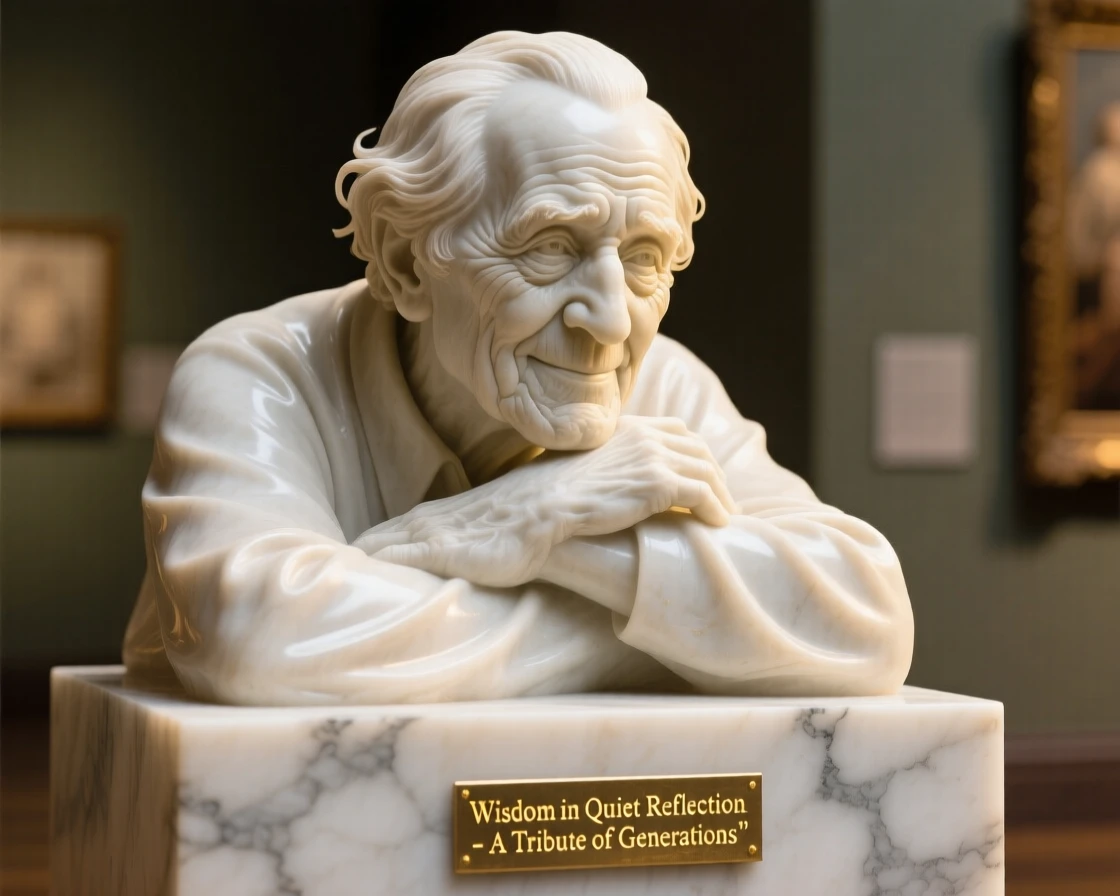 A tender portrait of a wise grandfather, resting chin on folded hands, bathed in golden hour light, evoking warmth and humanity