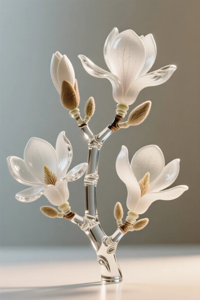 A macro close-up of a magnolia branch with open blossoms, every delicate detail in sharp focus, muted background, conveying delicate beauty and serenity.
