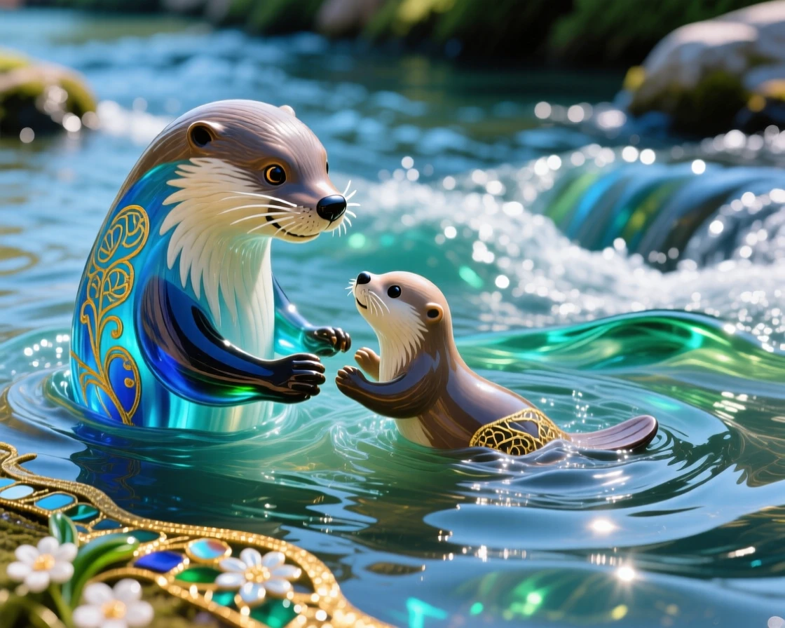 A mother otter teaching her pup to swim in a rushing river, tender and playful.