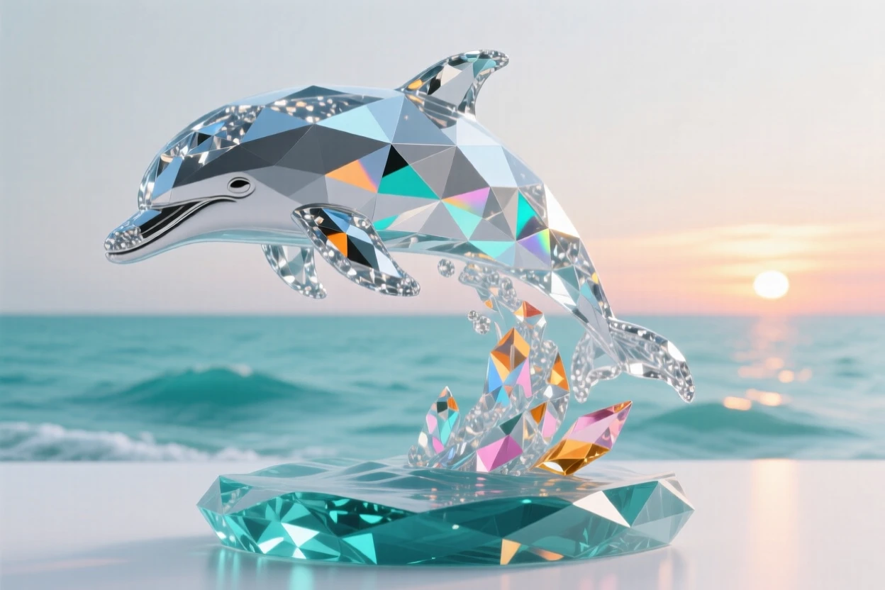 A dolphin leaping gracefully out of a calm turquoise sea at sunset.