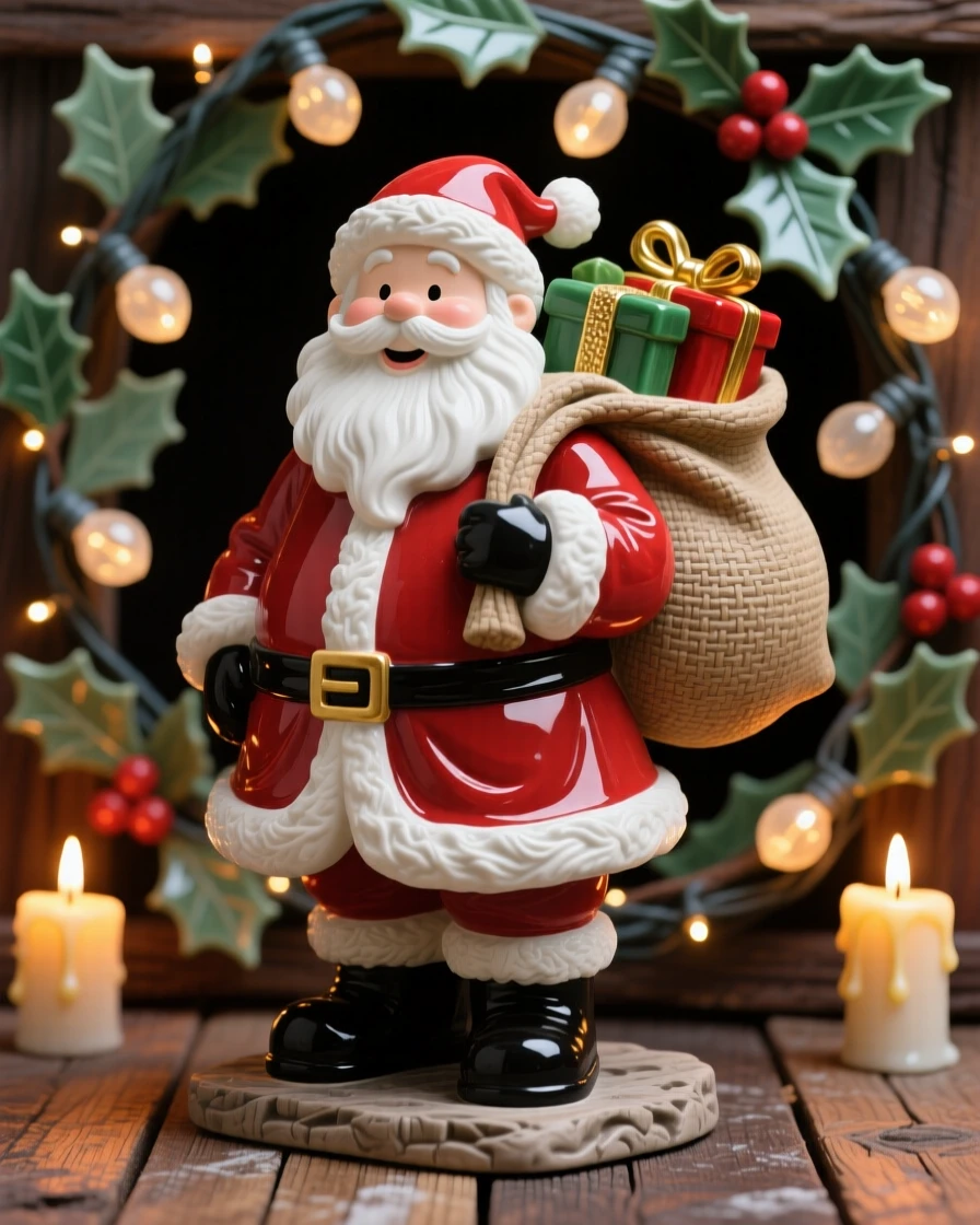 A jolly Santa figure with a sack of gifts framed by twinkling holiday lights, surrounded by warm candlelight, stirring cozy nostalgia for cherished traditions.