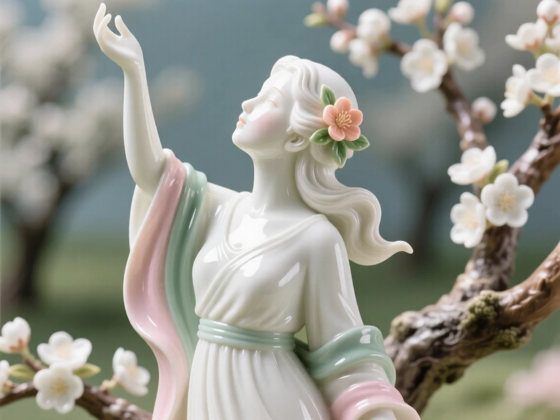 A luminous shepherdess reaching upward toward the light in a blooming orchard, a single flower tucked behind her ear.