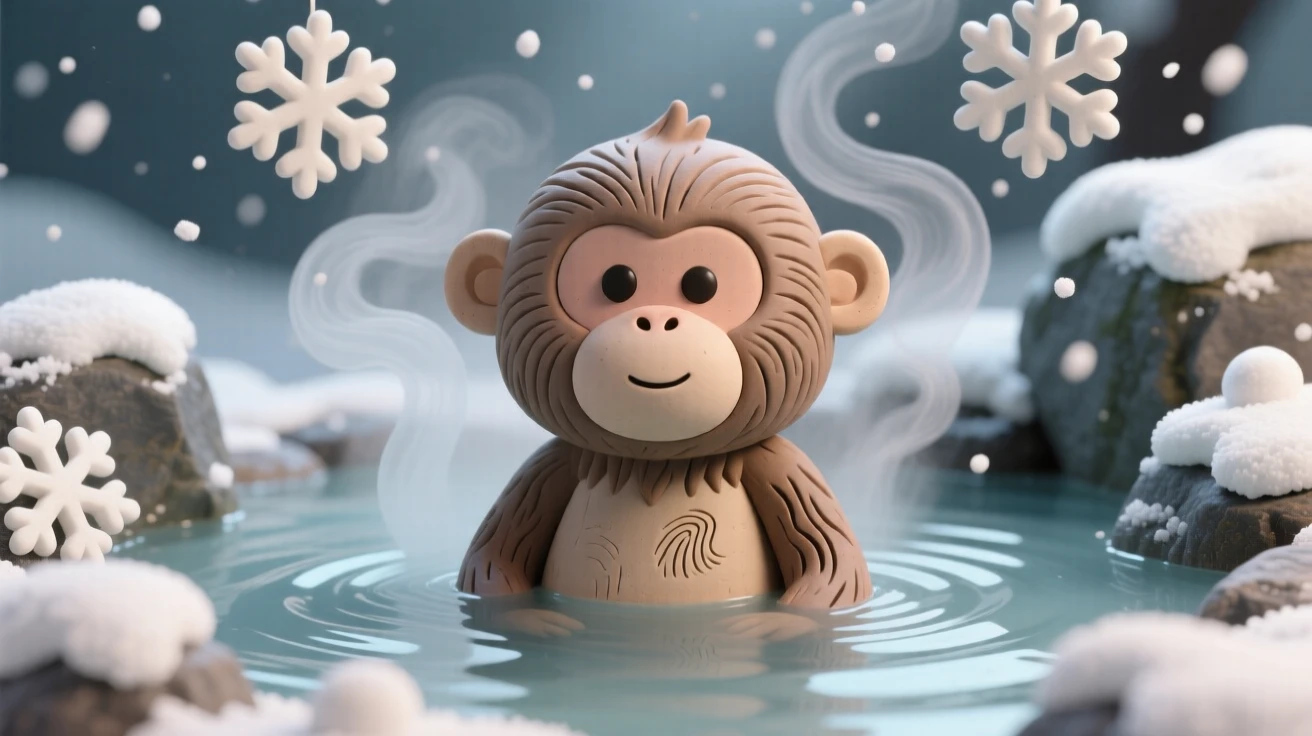 A snow monkey soaking in a steaming hot spring amid falling snow