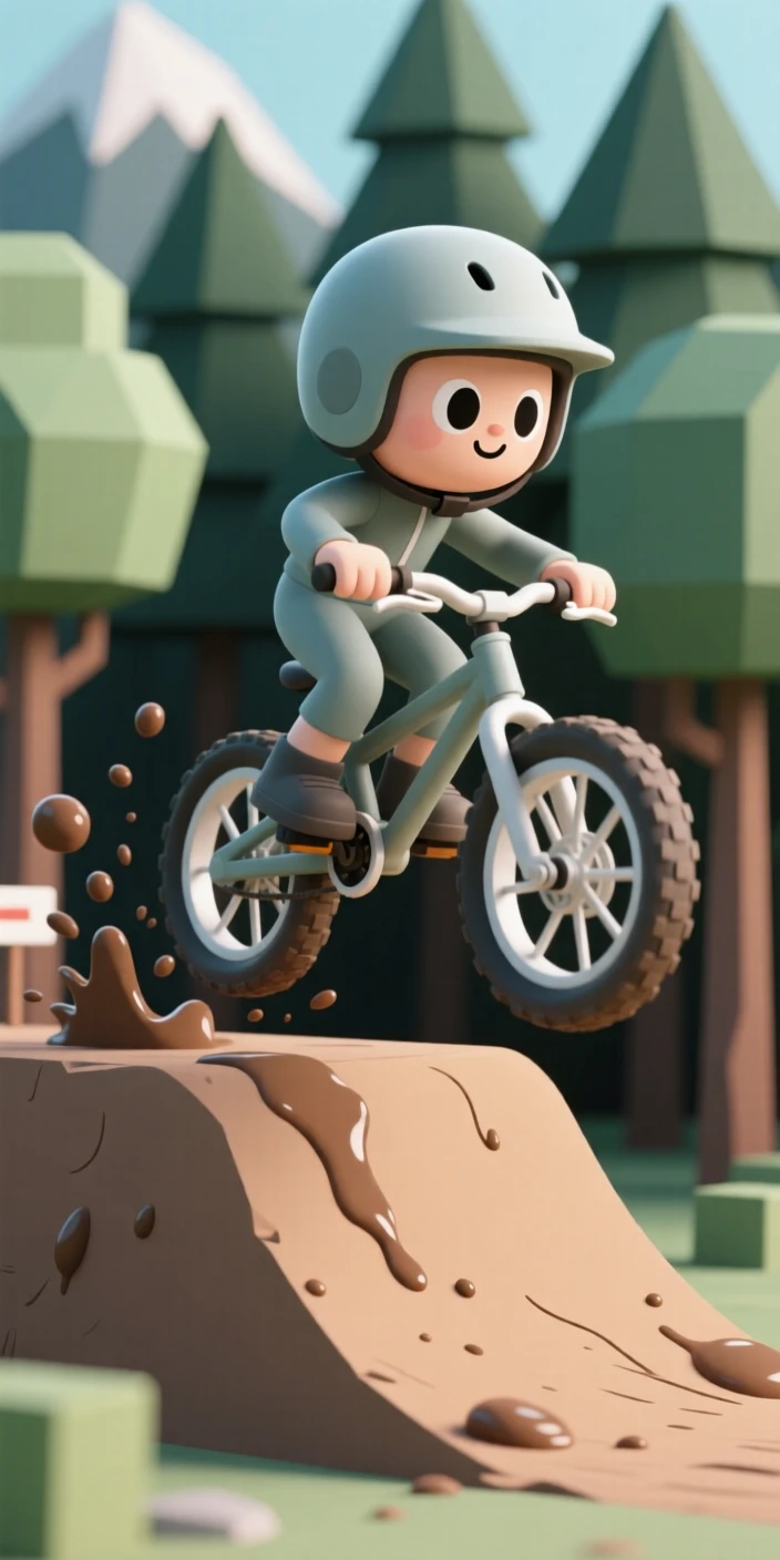 A determined mountain biker jumps a dirt ramp, mud spraying from spinning tires against a forest backdrop.