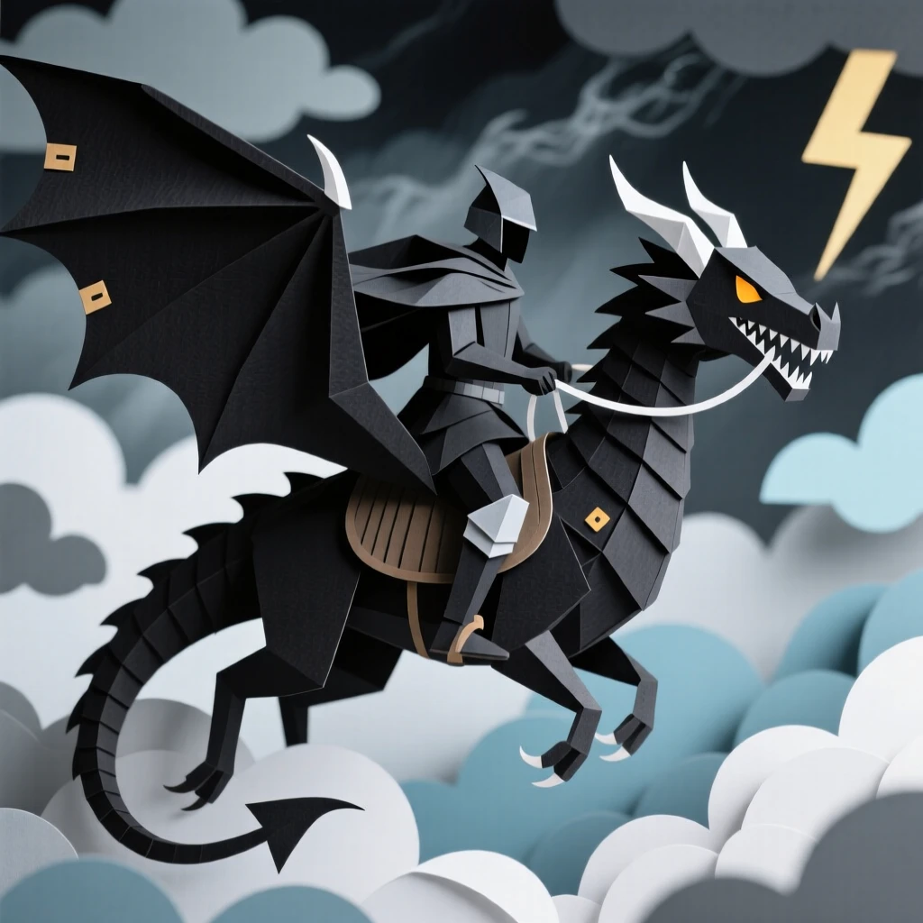 A shadowy dragon rider soaring through storm clouds atop a massive black dragon, lightning illuminating their silhouette, capturing epic adventure.