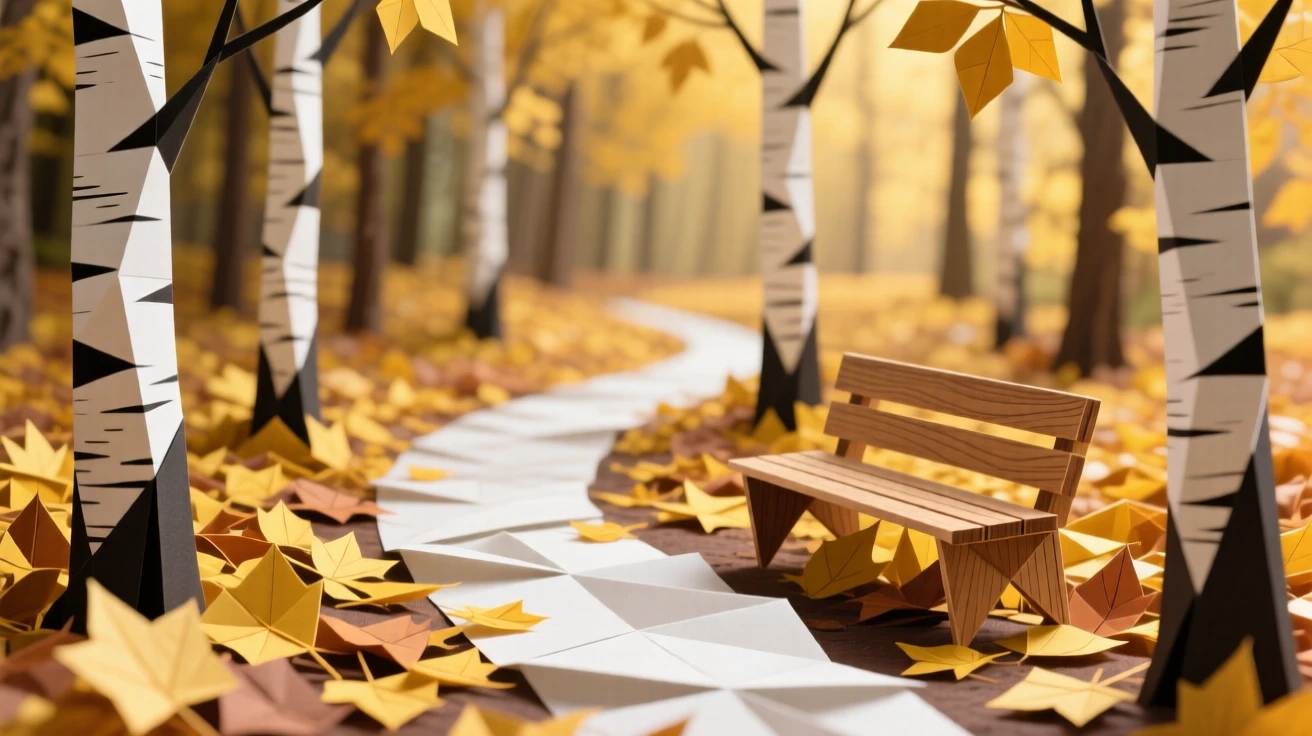 A winding path through a birch forest carpeted in golden fallen leaves, a single wooden bench beside it.